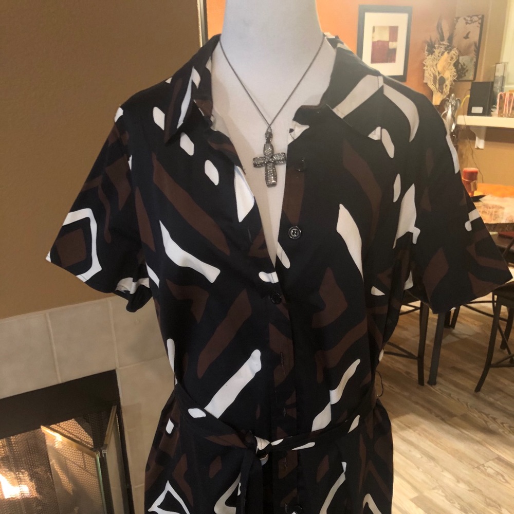 Lane Bryant Black, Brown & White Abstract Print Midi Shirt Dress